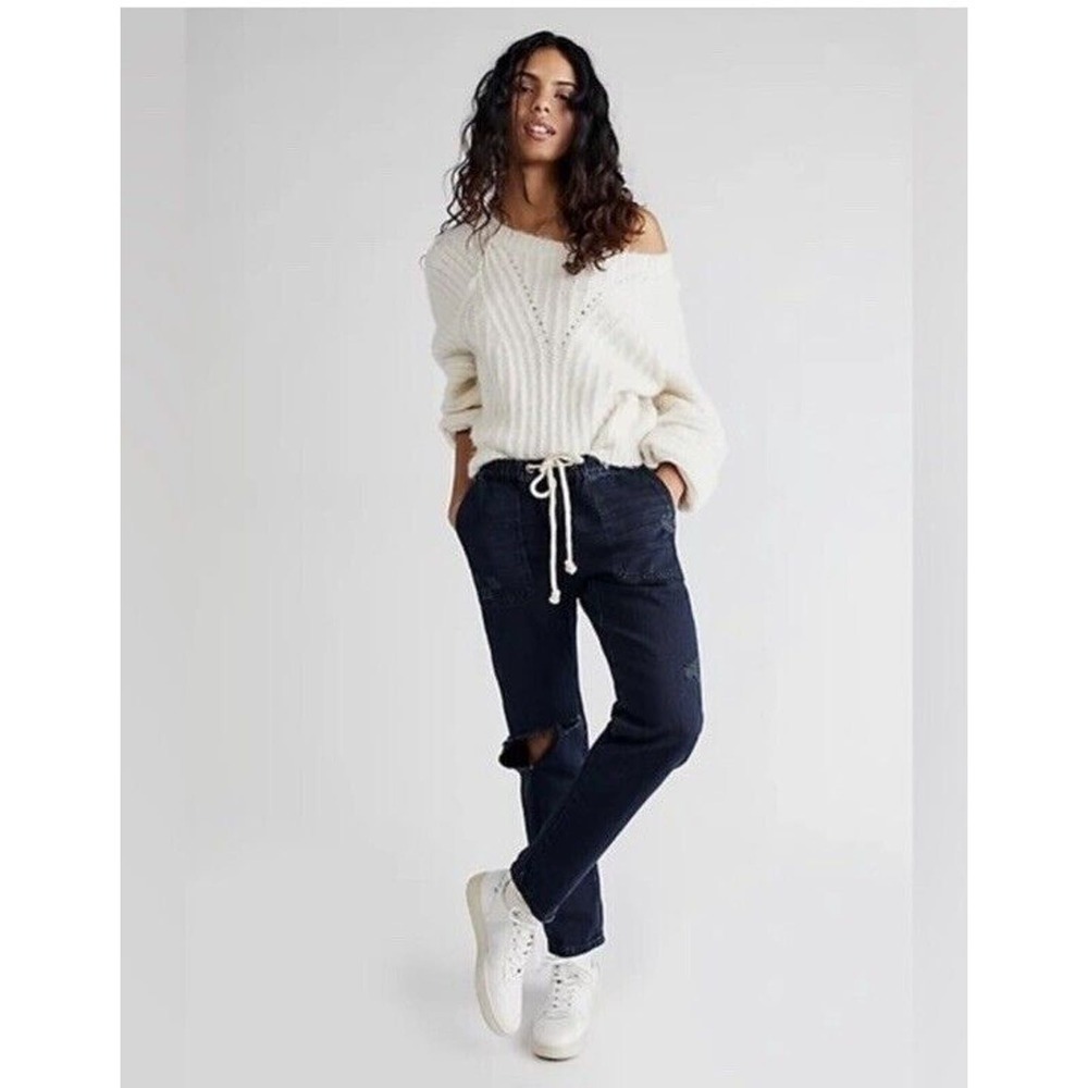 NWT One Teaspoon X Free People Drawstring Boyfriend Jeans Women Dark Blue Size M